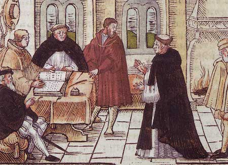 Martin Luther discussing with Cardinal Cajetan.